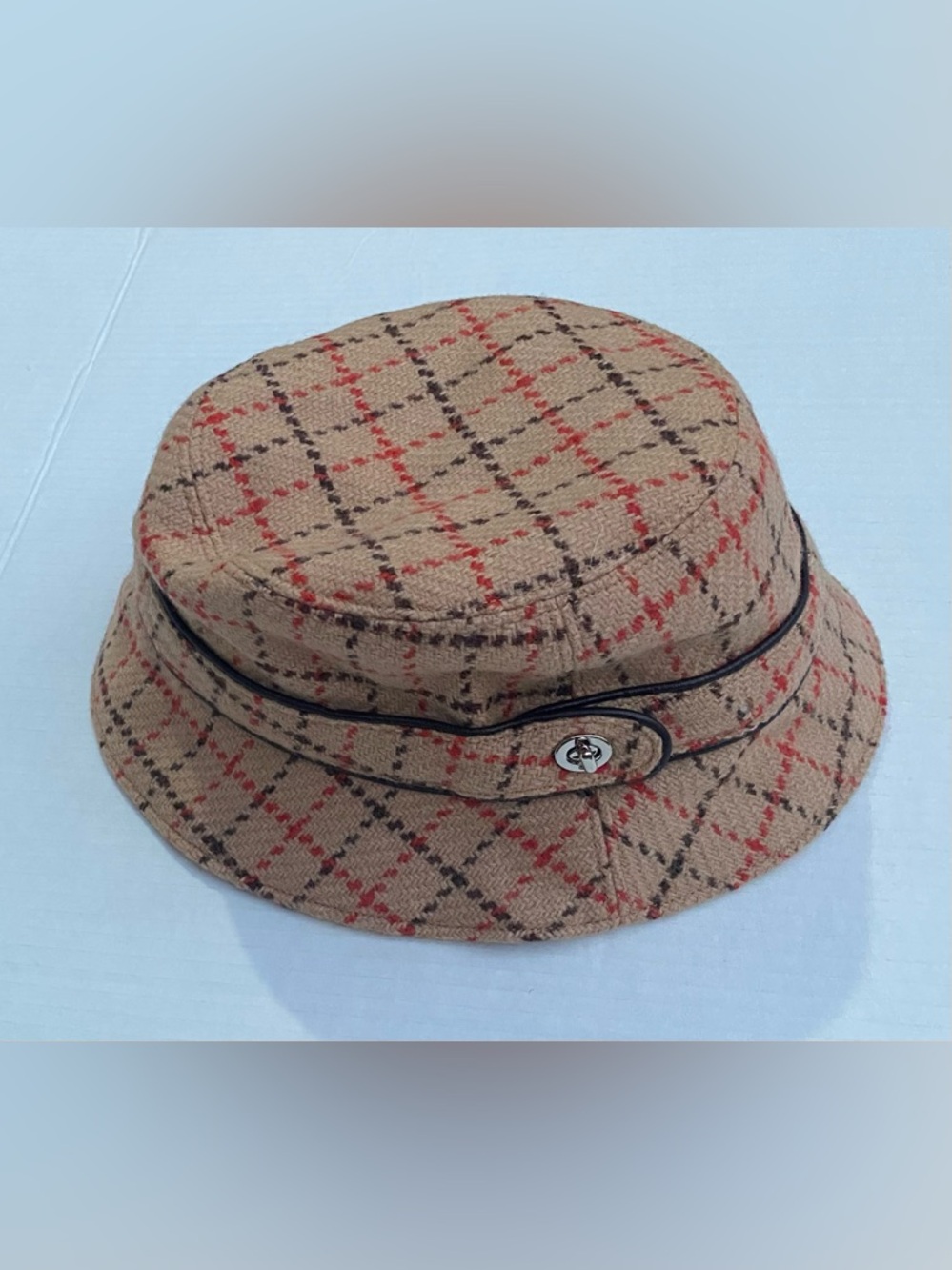 Coach Plaid Bucket Hat in Tan with Red and Brown Accents⭐️✨100 wool - Picture 10 of 10